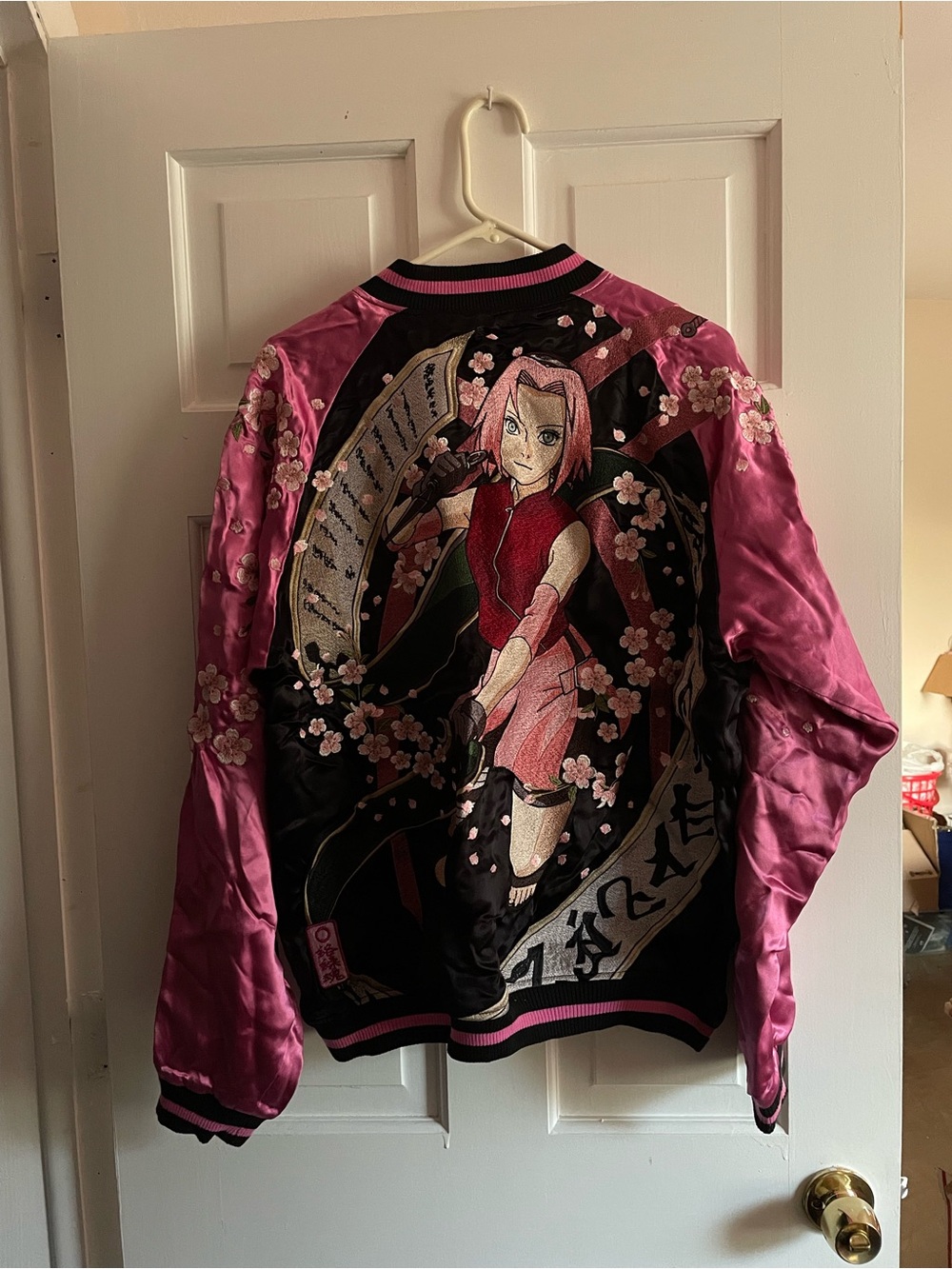 Sakura Embroidered Pink & Black Reversible Bomber Jacket